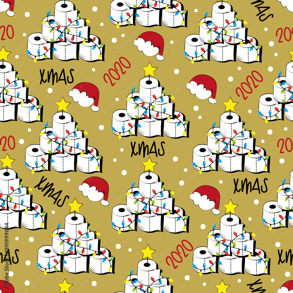 Seamless pattern for Christmas - Funny toilet paper christmas tree,  In covid-19 pandemic self isolated period.  Good for wrapping paper, textile print, wall paper, poster, card or decoration.