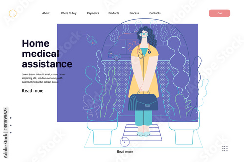 Medical insurance template -home medical assistance -modern flat vector concept digital illustration -nurse standing at the private residence entrance door Home medical service, part of insurance plan