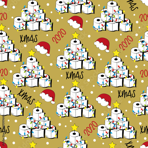Seamless pattern for Christmas - Funny toilet paper christmas tree   In covid-19 pandemic self isolated period.  Good for wrapping paper  textile print  wall paper  poster  card or decoration.