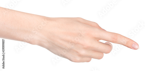 Female caucasian hands isolated white background showing different gestures. woman hands showing gesture holds something or takes, gives, points © Илья Подопригоров