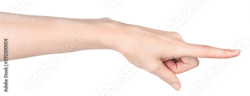 Female caucasian hands isolated white background showing different gestures. woman hands showing gesture holds something or takes, gives, points © Илья Подопригоров
