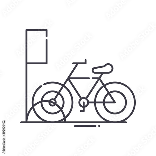 Bicycle city parking icon, linear isolated illustration, thin line vector, web design sign, outline concept symbol with editable stroke on white background.