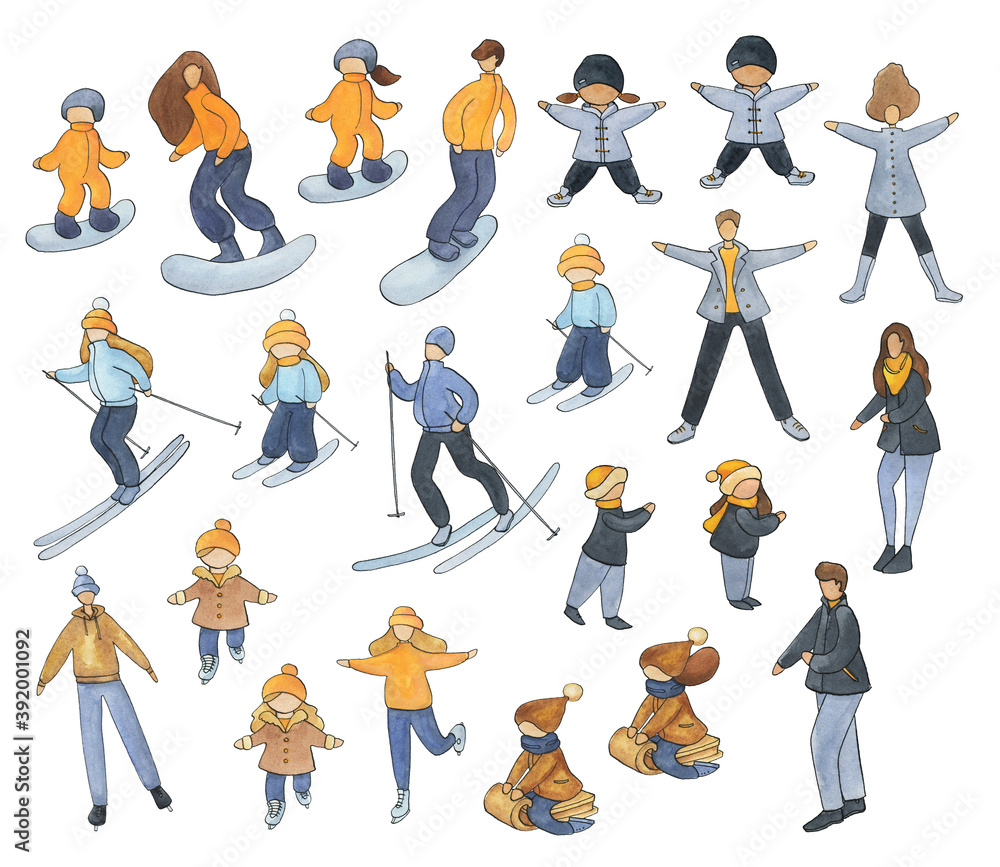 Watercolor winter sportspersons, Parents and kids set, Winter outdoor activities, People clipart, snowboarding man, skiing woman, ice skating girl, sledding boy