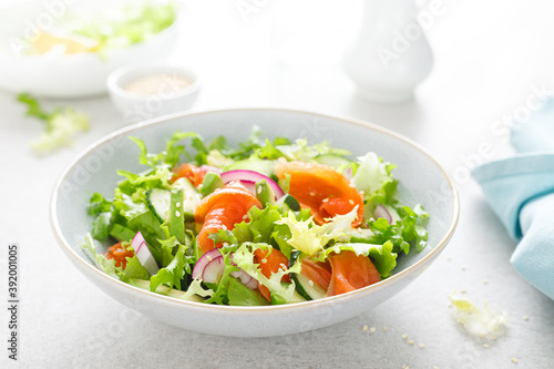 Salmon avocado salad with salted fish, lettuce, red onion and cucumbers