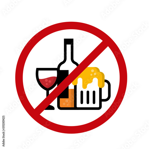 No alcohol icon sign with wine glass , Liquor bottle and Beer glass in red circle stop sign vector design