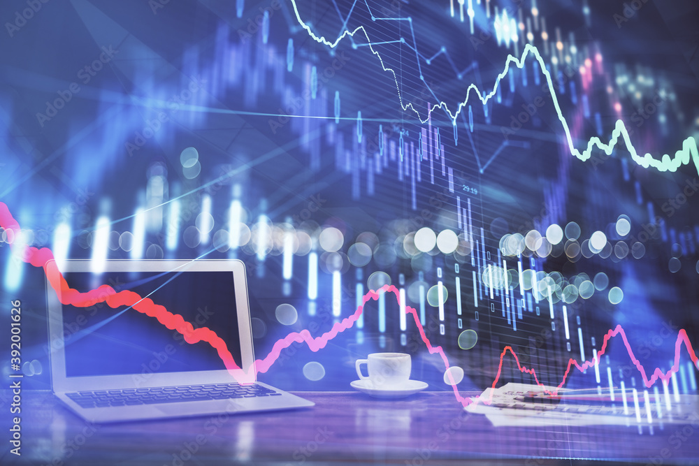 Stock market graph on background with desk and personal computer. Double exposure. Concept of financial analysis. Stock market graph on background with desk and personal computer. Double exposure. Concept of financial analysis.