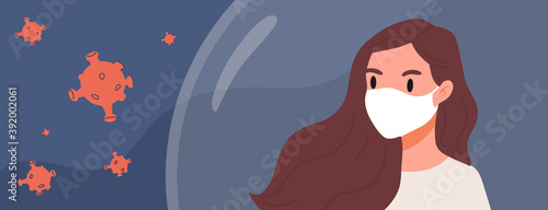 Angry Young woman wearing medical face mask. Self protection shield from pneumonia, respiratory disease, virus spread, stop pandemic. Flat vector illustration banner, reminder , announcement
