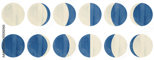 水彩　月の満ち欠けの装飾イラストセット　月齢　レトロカラー