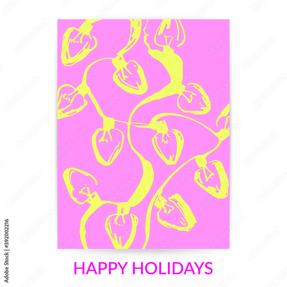 Bright christmas and new year holiday background in pink and yellow colors with christmas lights