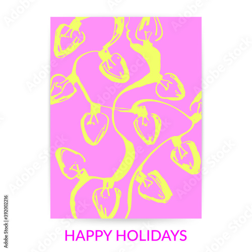 Bright christmas and new year holiday background in pink and yellow colors with christmas lights