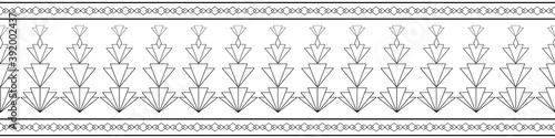 Vector art deco stylized stacks of fanning flowers seamless border. Monochrome geometric repeat banner with elegant diamond rhombus shaped florals in decorative 1920s style and striped edging.