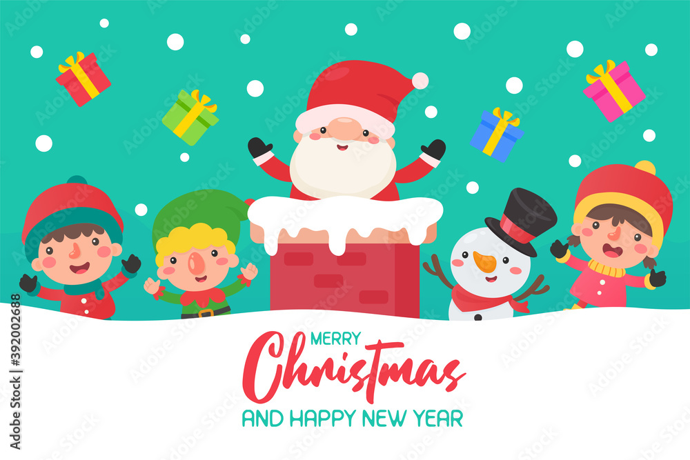 Fototapeta premium Cartoon santa on the chimney and friends on the roof Being so happy in the winter of Christmas