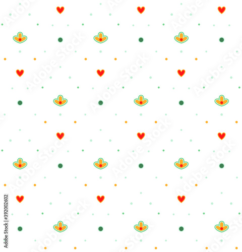 Tatar national ornament with small flowers, hearts and dots. Seamless vector pattern on light background
