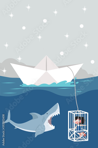 Cute flat Shark open mouth with girl diving equipment