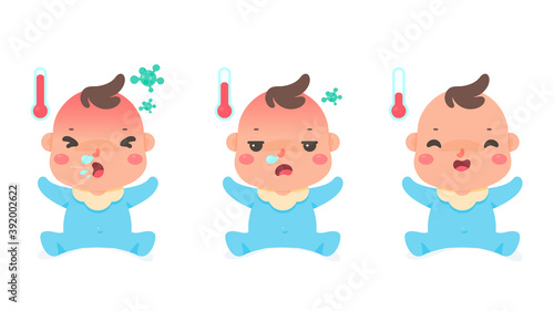 Cartoon sick child with high fever from the virus enters the lungs Causing cough and runny nose