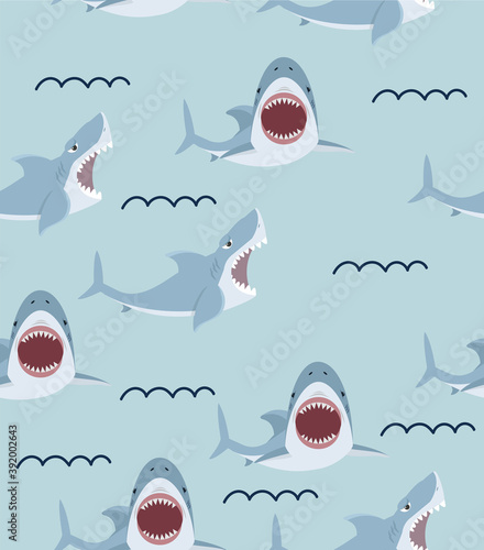 Cute flat Shark open mouth and teeth seamless pattern