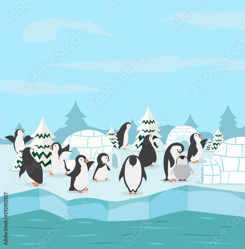 penguins family with winter north pole arctic