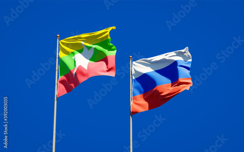 Beautiful national state flags of Myanmar and Russia.