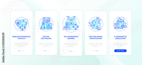 Information technology in agriculture onboarding mobile app page screen with concepts. TGPS for geo fencing walkthrough 5 steps graphic instructions. UI vector template with RGB color illustrations