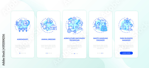 Top agriculture careers onboarding mobile app page screen with concepts. Agriculture machinery technician walkthrough 5 steps graphic instructions. UI vector template with RGB color illustrations