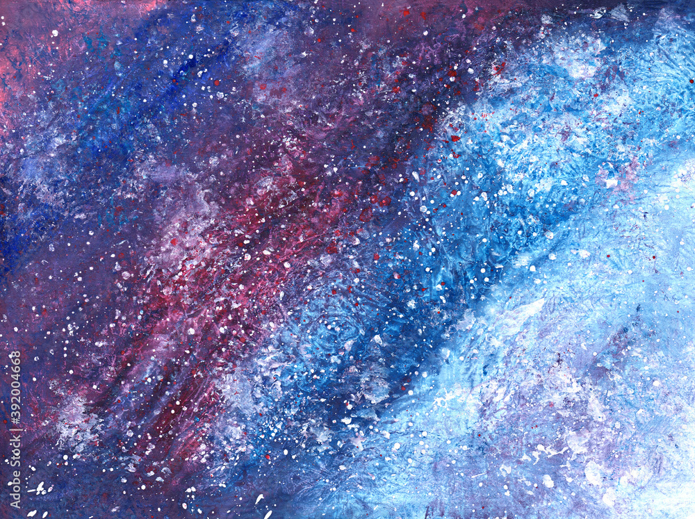 Fototapeta premium abstract watercolor space blue textural background with violet, red and white paint spray spots, strokes
