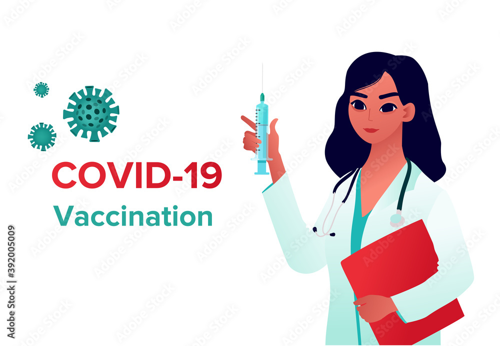 COVID-19 Virus Vaccine poster. Doctor holding a syringe. Injection, prevention, immunization, cure and treatment for coronavirus infection, COVID-19 Virus. COVID-19 Virus Vaccine poster. Doctor holding a syringe. Injection, prevention, immunization, cure and treatment for coronavirus infection, COVID-19 Virus.