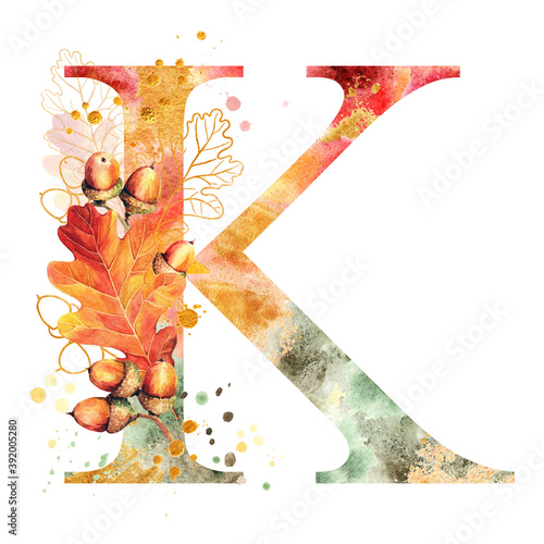 Fall Watercolor Letter K. Watercolor Autumn Alphabet. Monogram K with autumn oak leaves & acorns. Golden silhouettes, colorful spots. Perfect for wedding invites decoration, baby shower, birthdays etc