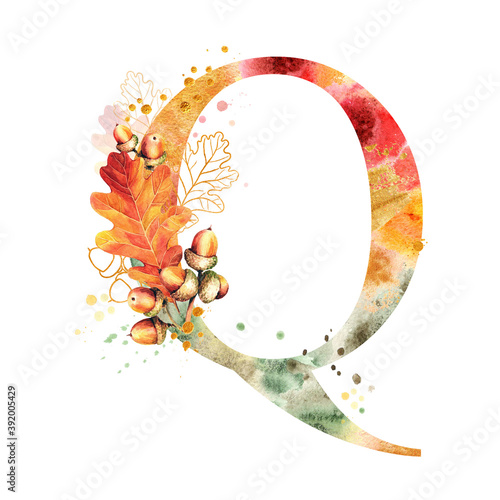 Fall Watercolor Letter Q. Watercolor Autumn Alphabet. Monogram Q with autumn oak leaves & acorns. Golden silhouettes, colorful spots. Perfect for wedding invites decoration, baby shower, birthdays etc