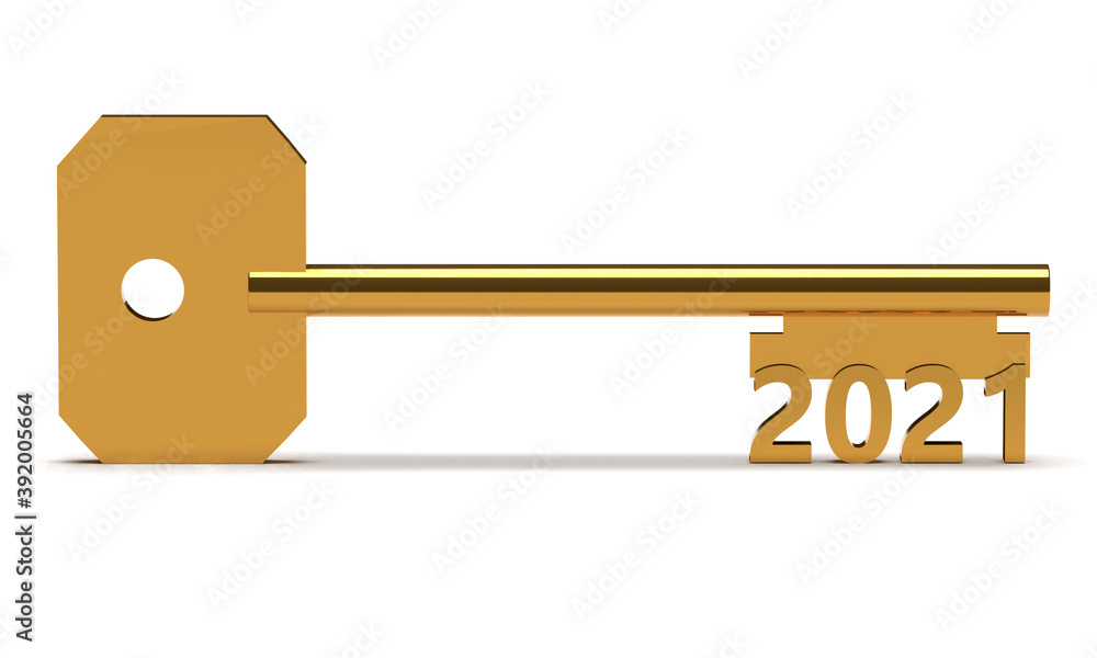 Concept key with new year 2021 isolated on white