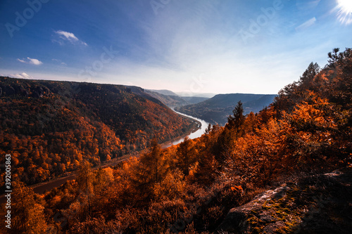 beautiful autumn sunset landscape view of the valley with the river Elbe, Ceske Svycarsko, Hrensko photo