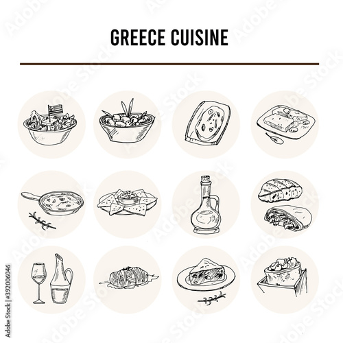 Greece cuisine set with food and drink hand drawn doodles. Vector illustration