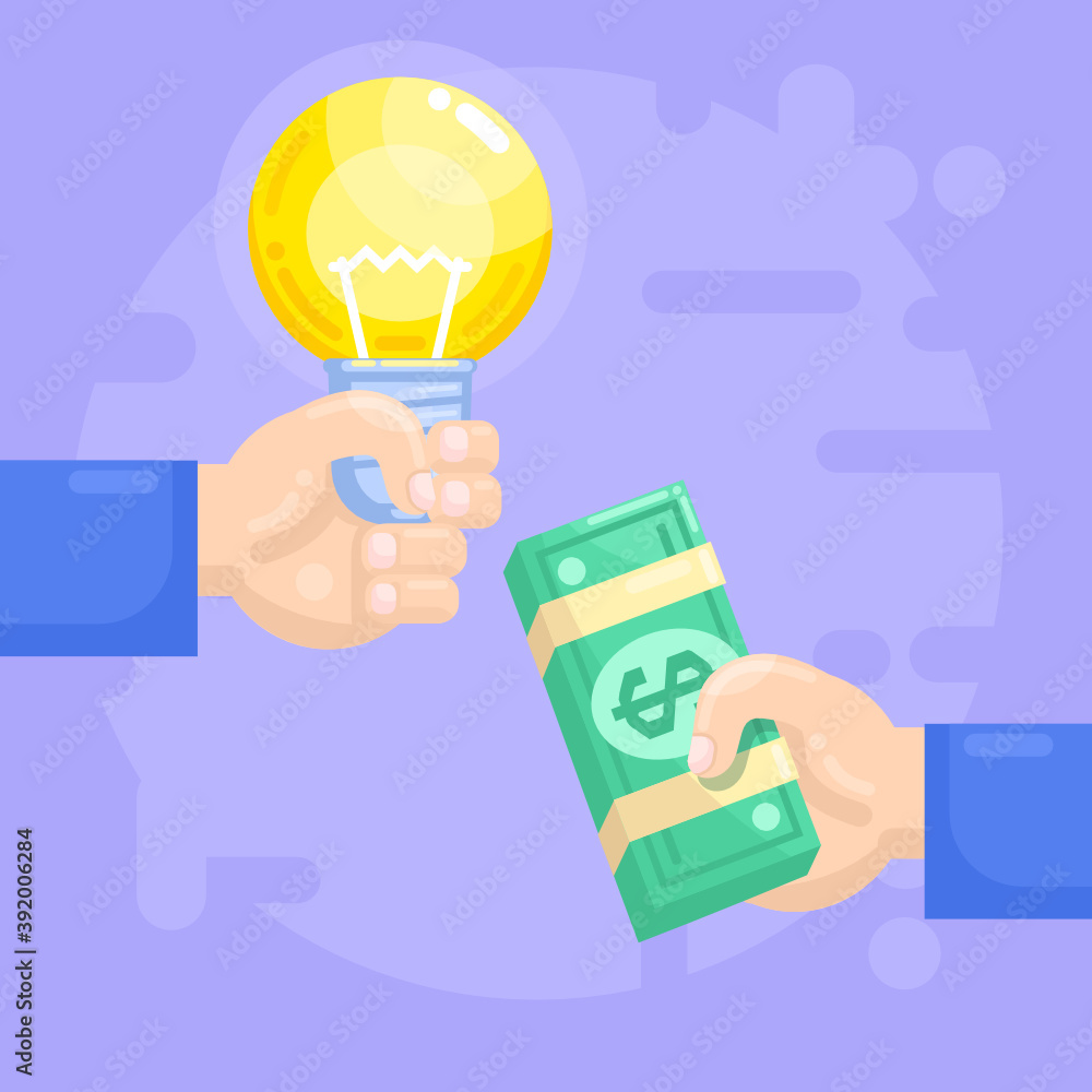 Sell or buy idea, intellectual property. Hand holds idea lightbulb and money. Modern style vector illustration Sell or buy idea, intellectual property. Hand holds idea lightbulb and money. Modern style vector illustration