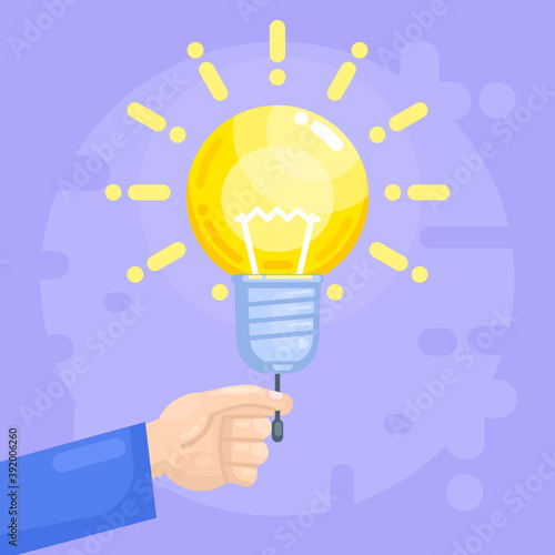 Hand turns on idea lightbulb. Innovation, creativity or inspiration. Modern style vector illustration