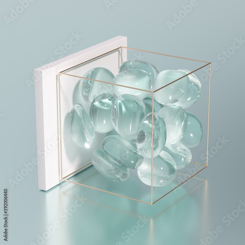 Schilderij op canvas 抽象的な3Dアート　半透明と白色を混ぜ合わせた柔らかい球体とシンプルなゴールドフレーム