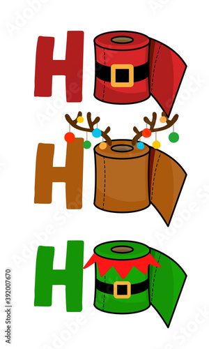 Ho Ho Ho - Merry Christmas 2020 Quarantine, Cartoon doodle drawing toilet papers in Santa and Elf costume and with reindeer antlers. Text for self quarantine times. 2020 special edition Xmas.
