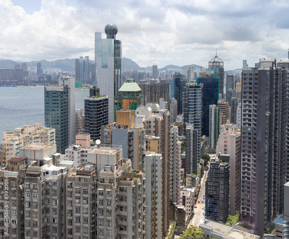 Naklejka premium Commercial and residential buildings in Sheung wan, Hong Kong Island
