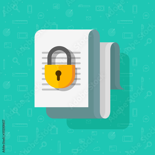 Access closed or locked for document file vector flat cartoon icon, permission concept, confidential info text doc, paper sheet page protected with padlock, idea of data protection or private info