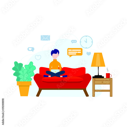 A vector illustration with a young man sitting and working in his living room. Stay at home. Work remotely.