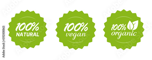 Organic natural and vegan food or nutrition icon label vector, 100 percent healthy meal, modern green badge for product sticker with leaves isolated tags collection