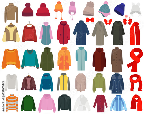 vector  isolated  caps  jackets  coats  in flat style  set  collection
