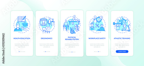 Health education blue onboarding mobile app page screen with concepts. Ergonomic workplace. Kinesiology walkthrough 5 steps graphic instructions. UI vector template with RGB color illustrations