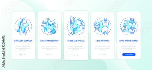 Muscle complex blue onboarding mobile app page screen with concepts. Body health. Kinesiology tape walkthrough 5 steps graphic instructions. UI vector template with RGB color illustrations