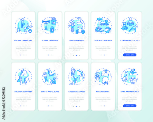Kinesiology blue onboarding mobile app page screen with concepts set. Workout activity. Physical health care walkthrough 5 steps graphic instructions. UI vector template with RGB color illustrations