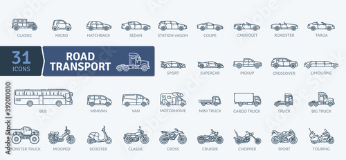Road Vehicles Icons Pack. Thin line icons set. Flat icon collection set. Simple vector icons
