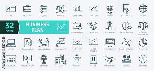 Business Plan Icons Pack. Thin line icons set. Flat icon collection set. Simple vector icons photo