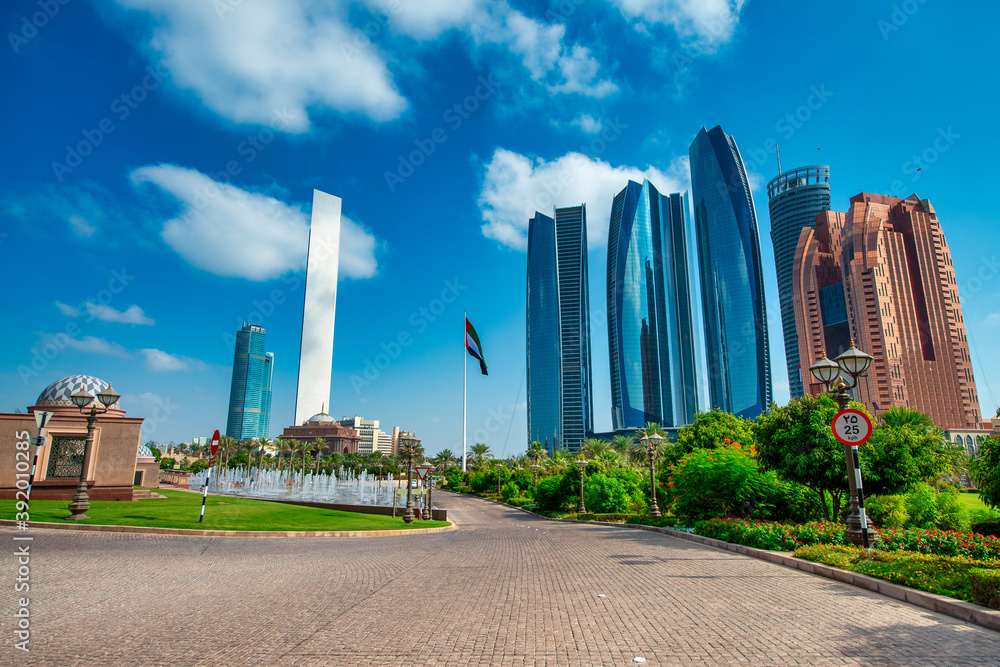 ABU DHABI, UAE - DECEMBER 8, 2016: Abu Dhabi buildings along Corniche Road on a beautiful sunny day