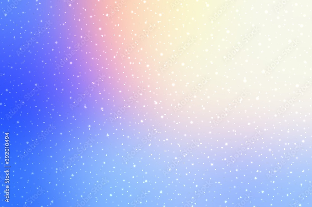 Wonderful winter sky background decorated light snow pattern. Blue pink yellow spectral gradient. New year nature decor.
