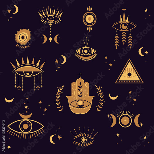 Set with evil eyes and hamsa or fatima amulet in celestial style. Bohemian gypsy motifs-vector, illustration