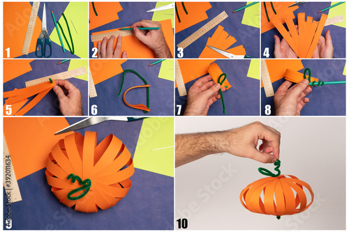 Craft for Thanksgiving paper pumpkin. Children's art project. DIY concept. Step by step photo instruction.