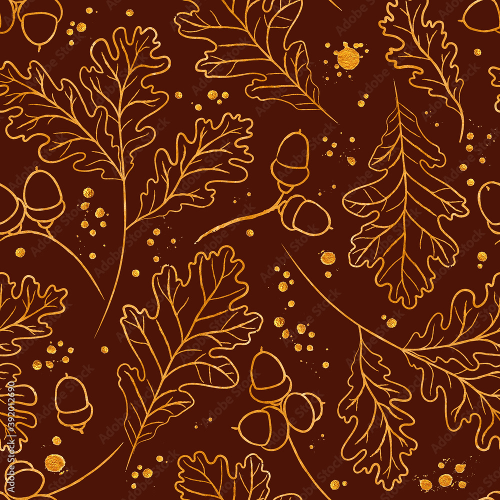 Seamless raster pattern with watercolor golden silhouettes of oak leaves and acorns. Perfect for greetings, invitations, manufacture wrapping paper, textile, wedding and web design.